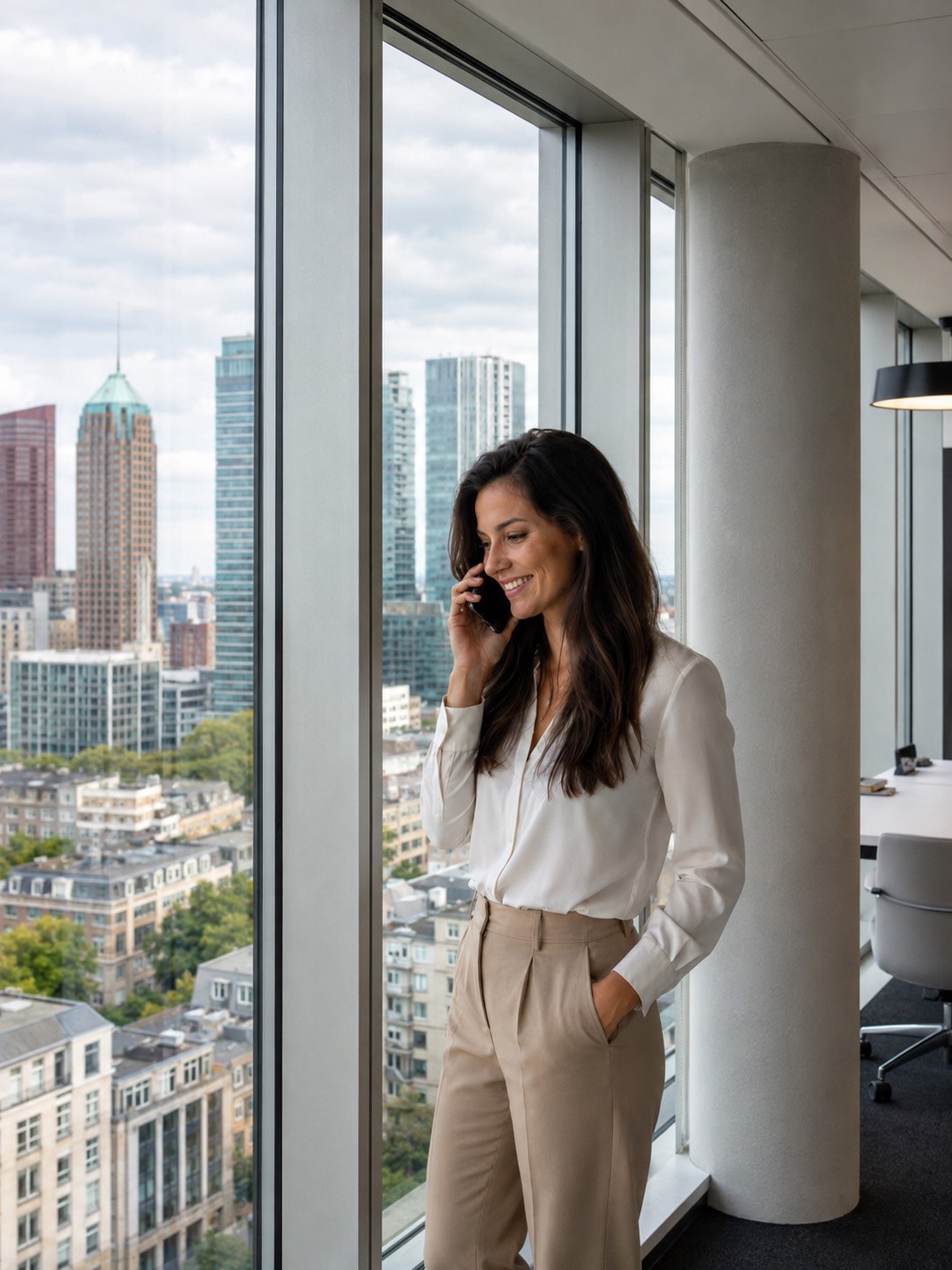 A case manager on the phone, with The Hague skyline in the background