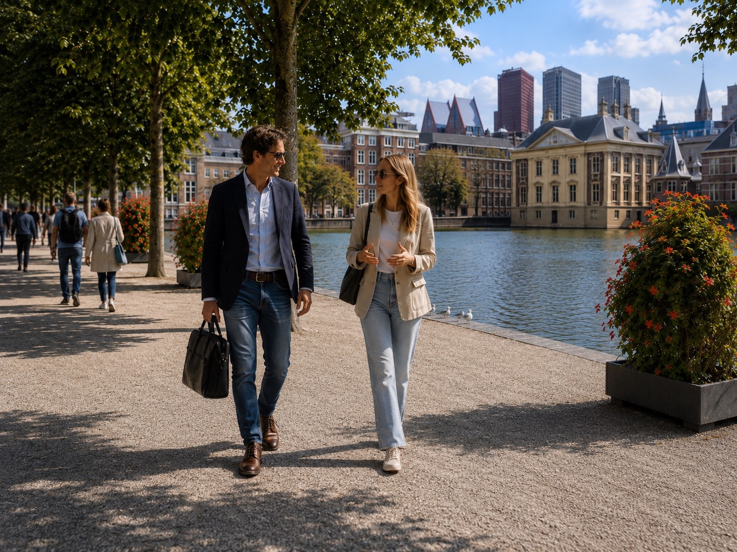 Two professionals in conversation along the Hofvijver in The Hague, with the Mauritshuis in the background